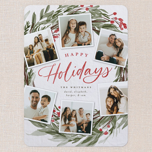 Wreath Photos Holiday Card, Grey, 6x8 Flat, Holiday, Signature Smooth Cardstock, Rounded, Whisper Gray