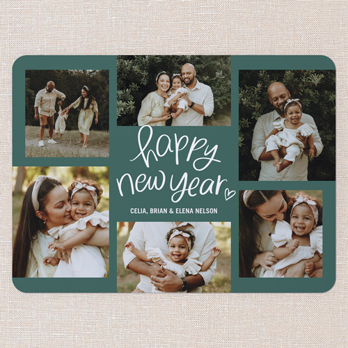 Whimsy Year Holiday Card, Green, 6x8 Flat, New Year, Pearl Shimmer Cardstock, Rounded, Evergreen