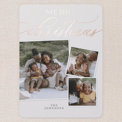 Luxe Scripted Holiday Card, Beige, Rose Gold Foil, 6x8 Flat, Christmas, Signature Smooth Cardstock, Rounded, Cream