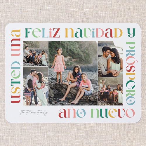 Multicolored Frame Tarjeta de Navidad, White, 6x8 Flat, Feliz Navidad, Pearl Shimmer Cardstock, Rounded, White