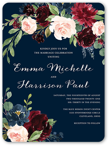 Exquisite Bouquet Wedding Invitation, Blue, 6x8 Flat, Pearl Shimmer Cardstock, Rounded