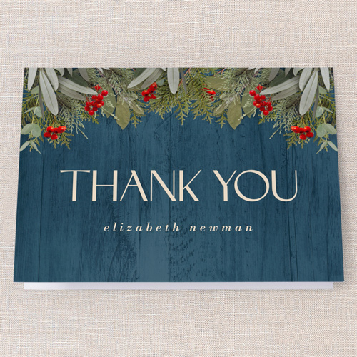 Merry Evergreen Thank You Card, Blue, 3x5, Matte, Folded Smooth Cardstock, Blue