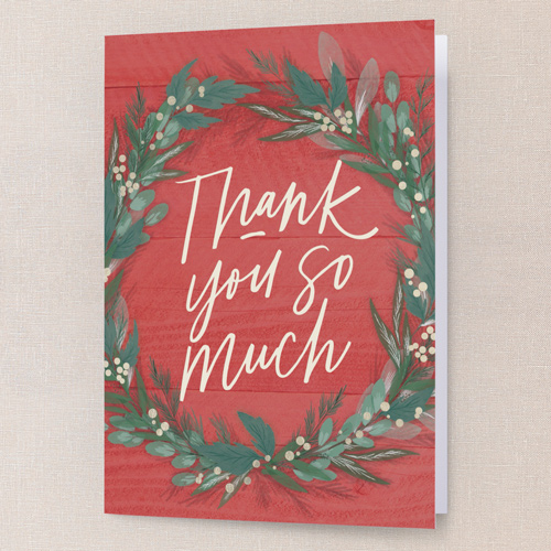 Cheerful Wreath Thank You Card, Red, 3x5, Matte, Folded Smooth Cardstock, Red