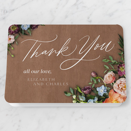 Stunning Floral Corners Wedding Thank You Card, Beige, 5x7 Folded, Pearl Shimmer Cardstock, Rounded, Latte