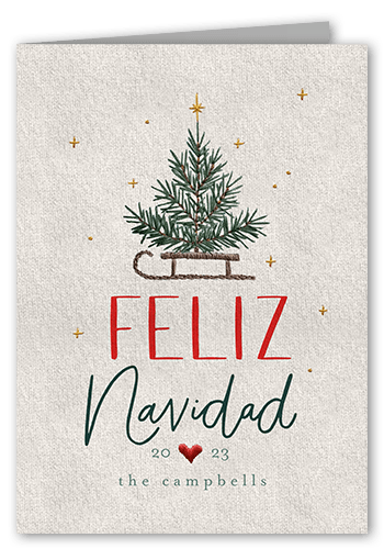 Embroidered Tree Holiday Card, Grey, 5x7, Feliz Navidad, Matte, Folded Smooth Cardstock, Square