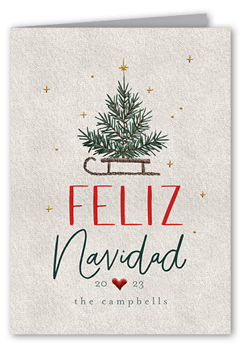 Embroidered Tree Holiday Card, Grey, 5x7 Folded, Feliz Navidad, Pearl Shimmer Cardstock, Square
