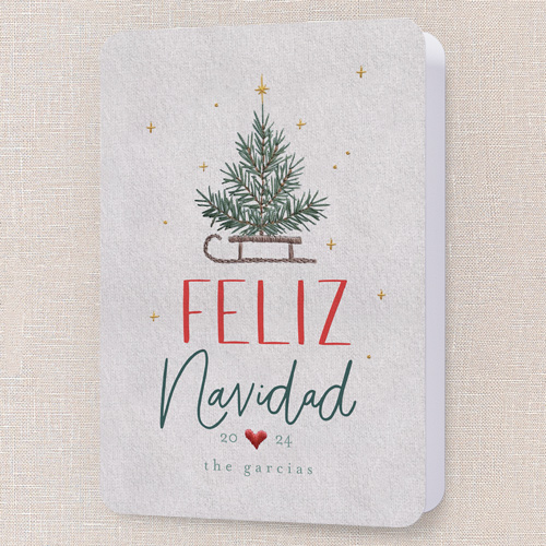 Embroidered Tree Holiday Card, Grey, 5x7 Folded, Feliz Navidad, Pearl Shimmer Cardstock, Rounded