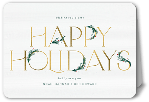 Art Deco Evergreen Holiday Card, White, 5x7, Holiday, Pearl Shimmer Cardstock, Rounded