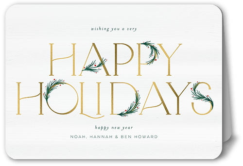 Art Deco Evergreen Holiday Card, White, 5x7 Folded, Holiday, Pearl Shimmer Cardstock, Rounded