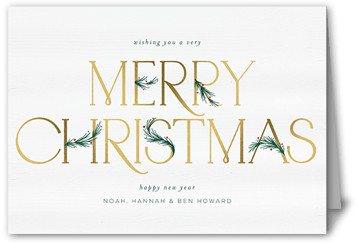 Art Deco Evergreen Holiday Card, White, 5x7 Folded, Christmas, Pearl Shimmer Cardstock, Square