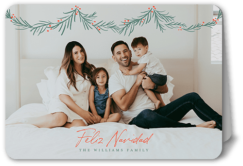 Holly Garland Holiday Card, Red, 5x7 Folded, Feliz Navidad, Matte, Folded Smooth Cardstock, Rounded, Tomato