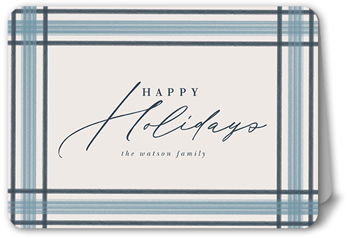 Brushed Plaid Border Holiday Card, Blue, 5x7 Folded, Holiday, Matte, Folded Smooth Cardstock, Rounded, Blue Suede