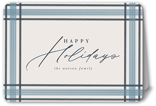 Brushed Plaid Border Holiday Card, Blue, 5x7 Folded, Holiday, Pearl Shimmer Cardstock, Rounded