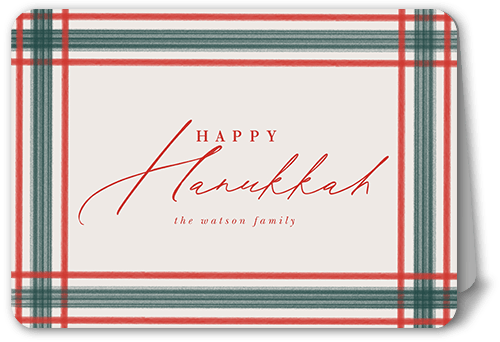Brushed Plaid Border Holiday Card, Red, 5x7 Folded, Hanukkah, Pearl Shimmer Cardstock, Rounded, Red