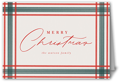 Brushed Plaid Border Holiday Card, Red, 5x7 Folded, Christmas, Matte, Folded Smooth Cardstock, Square