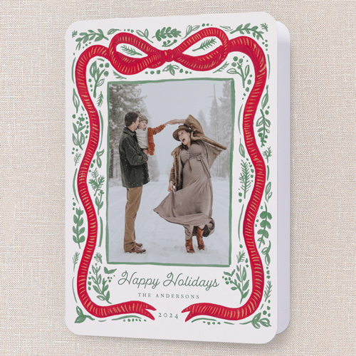 Vintage Bow Holiday Card, Green, 5x7 Folded, Holiday, Pearl Shimmer Cardstock, Rounded