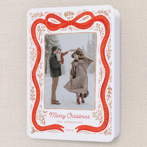Vintage Bow Holiday Card, Red, 5x7 Folded, Christmas, Pearl Shimmer Cardstock, Rounded, Tomato