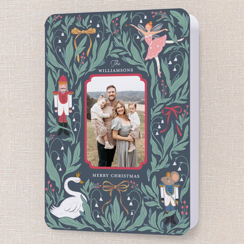 Nostalgic Nutcracker Holiday Card, Blue, 5x7 Folded, Write Your Own, Pearl Shimmer Cardstock, Rounded, Feather