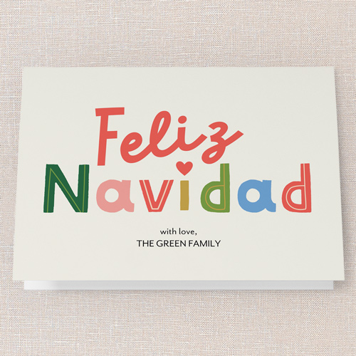 Cheerful Colors Holiday Card, White, 5x7 Folded, Feliz Navidad, Pearl Shimmer Cardstock, Square, White