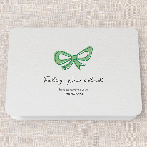 Joyful Bow Tidings Holiday Card, Green, 5x7 Folded, Feliz Navidad, Pearl Shimmer Cardstock, Rounded, Green