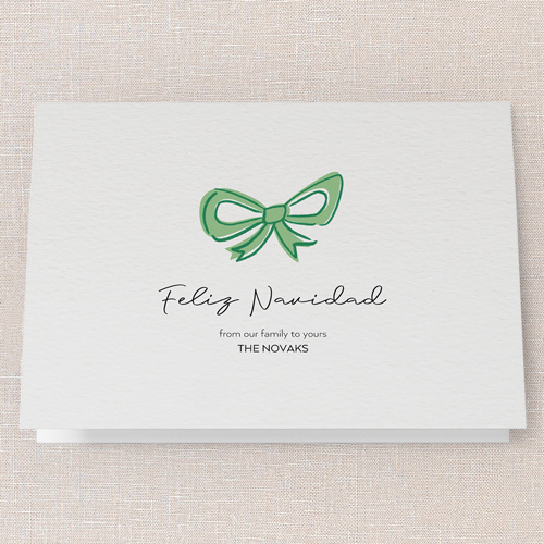 Joyful Bow Tidings Holiday Card, Green, 5x7 Folded, Feliz Navidad, Pearl Shimmer Cardstock, Square, Green