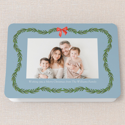 Evergreen Garland Delight Holiday Card, Blue, 5x7 Folded, Write Your Own, Pearl Shimmer Cardstock, Rounded