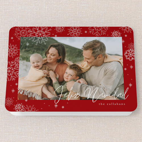 Faint Snowflakes Holiday Card, Red, 5x7 Folded, Feliz Navidad, Matte, Folded Smooth Cardstock, Rounded, Red