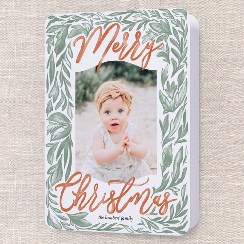 Boho Botanical Merriment Holiday Card, White, 5x7 Folded, Christmas, Pearl Shimmer Cardstock, Rounded