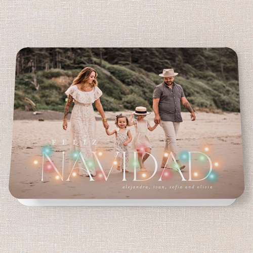 Shimmering Holiday String Holiday Card, Green, 5x7 Folded, Feliz Navidad, Pearl Shimmer Cardstock, Rounded, Green