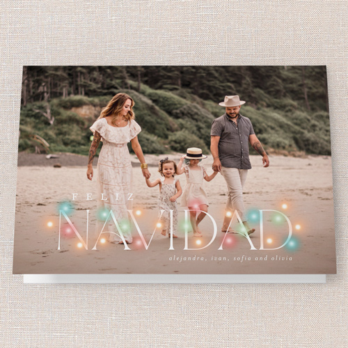 Shimmering Holiday String Holiday Card, Green, 5x7 Folded, Feliz Navidad, Pearl Shimmer Cardstock, Square, Green