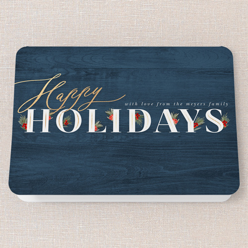 Hints Of Holly Holiday Card, Blue, 5x7 Folded, Holiday, Pearl Shimmer Cardstock, Rounded, Blue