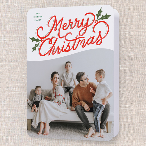 Vibrant Holly Greetings Holiday Card, White, 5x7 Folded, Christmas, Pearl Shimmer Cardstock, Rounded, White