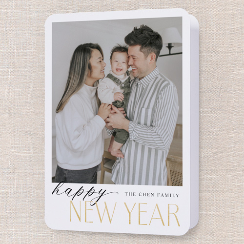 Merry Modern Tidings Holiday Card, White, 5x7 Folded, New Year, Pearl Shimmer Cardstock, Rounded, White