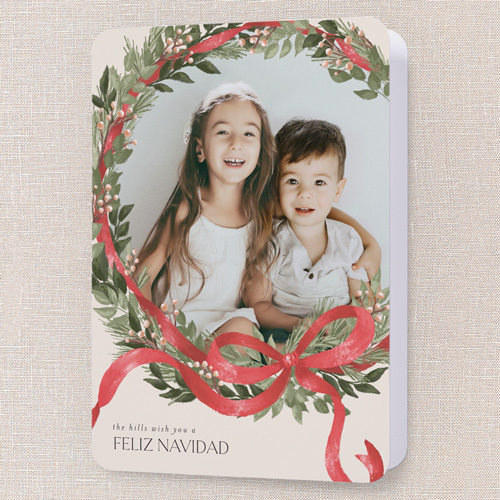 Merry Ribbon Wreath Holiday Card, Beige, 5x7 Folded, Feliz Navidad, Matte, Folded Smooth Cardstock, Rounded, Cream