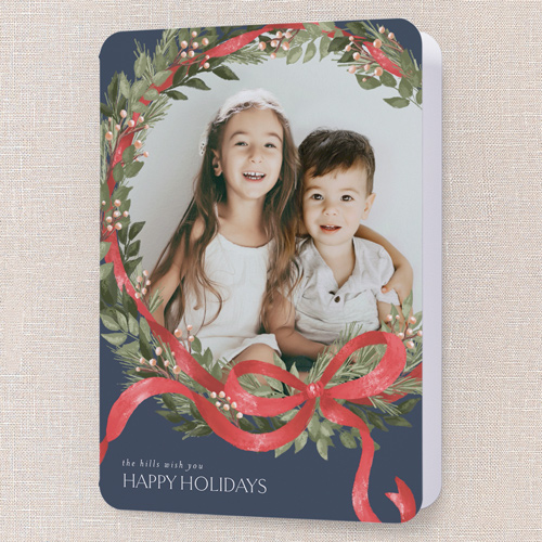 Merry Ribbon Wreath Holiday Card, Blue, 5x7 Folded, Holiday, Pearl Shimmer Cardstock, Rounded, Blue