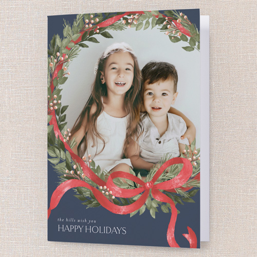Merry Ribbon Wreath Holiday Card, Blue, 5x7 Folded, Holiday, Matte, Folded Smooth Cardstock, Square