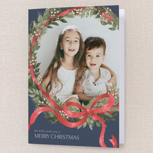 Merry Ribbon Wreath Holiday Card, Blue, 5x7 Folded, Christmas, Pearl Shimmer Cardstock, Square, Blue