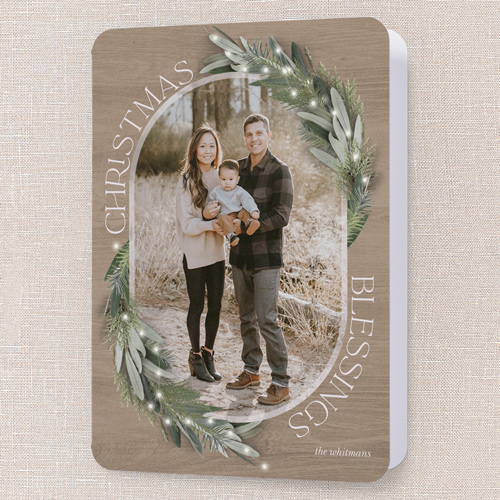 Lush Evergreen Elegance Holiday Card, Beige, 5x7 Folded, Religious, Pearl Shimmer Cardstock, Rounded, Tan