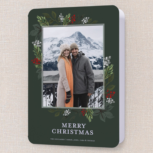 Blissful Foliage Holiday Card, Green, 5x7 Folded, Christmas, Pearl Shimmer Cardstock, Rounded, Pine