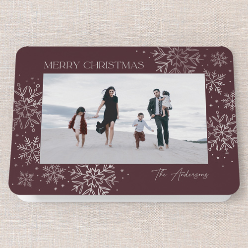 Filigree Flakes Holiday Card, Purple, 5x7 Folded, Christmas, Pearl Shimmer Cardstock, Rounded, Raisin