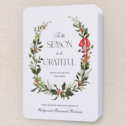 Wreath Grateful Holiday Card, White, 5x7 Folded, Holiday, Pearl Shimmer Cardstock, Rounded, White