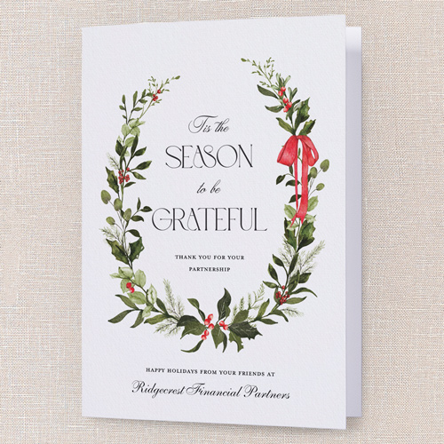 Wreath Grateful Holiday Card, White, 5x7 Folded, Holiday, Pearl Shimmer Cardstock, Square, White