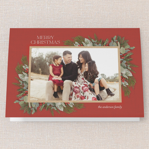 Hollied Corners Holiday Card, Red, 5x7 Folded, Christmas, Pearl Shimmer Cardstock, Square, Radish