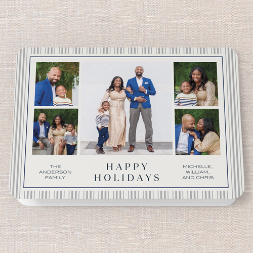 Striped Tradition Holiday Card, Blue, 5x7 Folded, Holiday, Pearl Shimmer Cardstock, Rounded, Stormy Blue