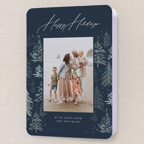 Winter Pines Frame Holiday Card, Blue, 5x7 Folded, Holiday, Pearl Shimmer Cardstock, Rounded, Cobalt