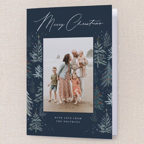 Winter Pines Frame Holiday Card, Blue, 5x7 Folded, Christmas, Pearl Shimmer Cardstock, Square, Cobalt