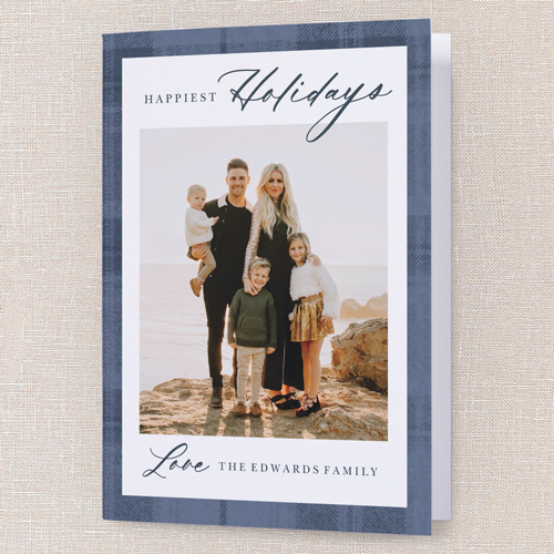 Plaid Border Elegance Holiday Card, Blue, 5x7 Folded, Holiday, Pearl Shimmer Cardstock, Square, Cobalt