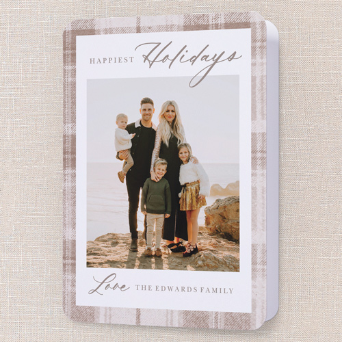 Plaid Border Elegance Holiday Card, Beige, 5x7 Folded, Holiday, Pearl Shimmer Cardstock, Rounded, Cream