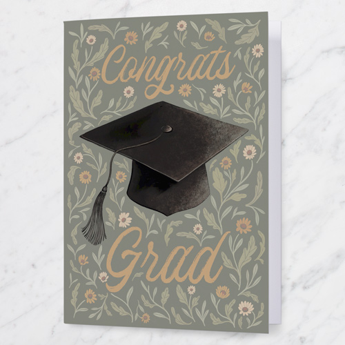 Flowered Grad Graduation Greeting Card, Green, 5x7 Folded, Pearl Shimmer Cardstock, Square