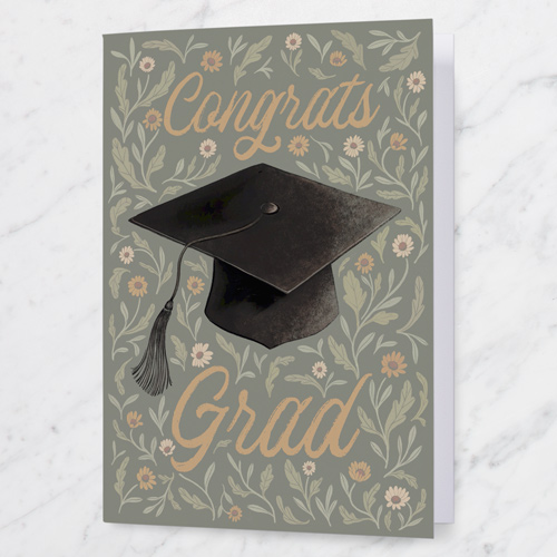 Flowered Grad Graduation Greeting Card, Green, 5x7 Folded, Matte, Folded Smooth Cardstock, Square